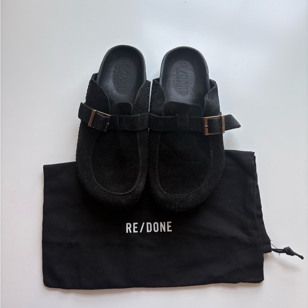 RE/DONE Black Suede 70s Moc Slide Clogs
